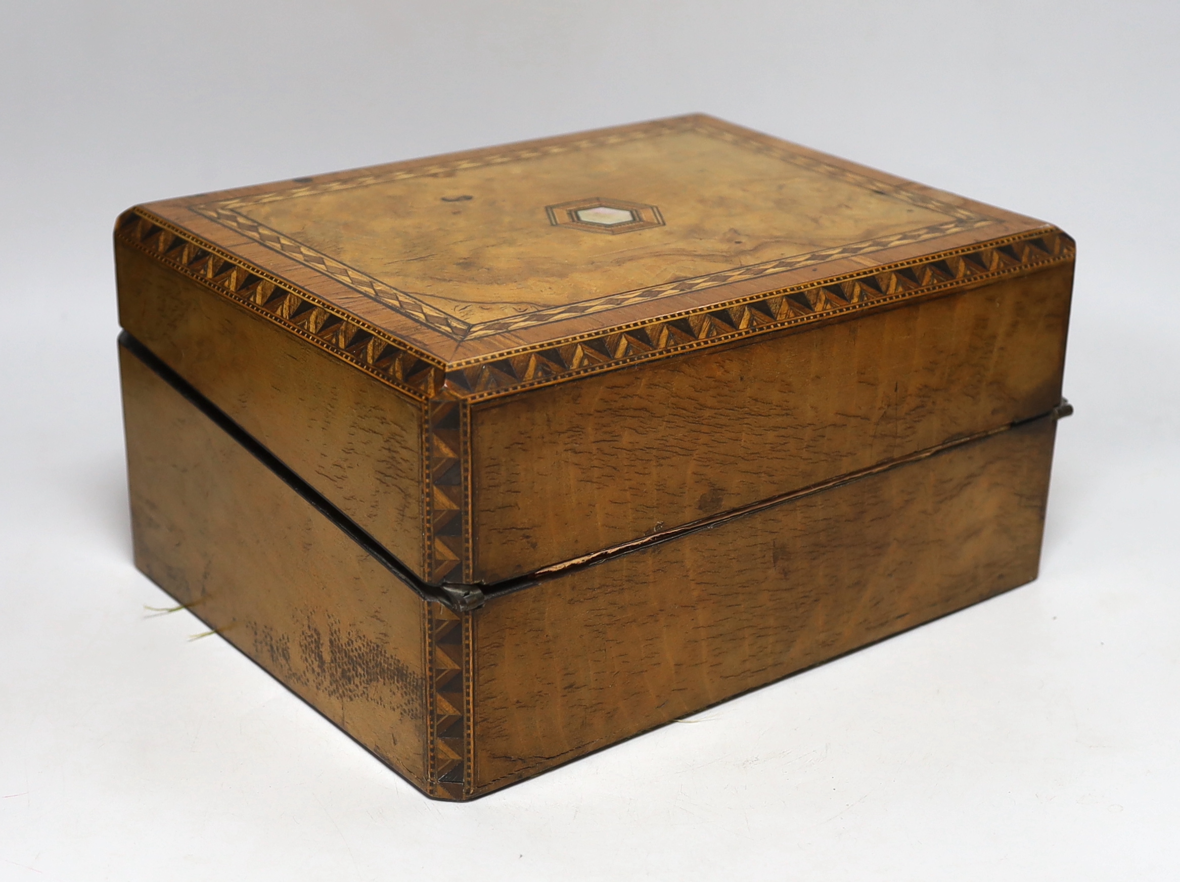 A Victorian walnut and parquetry writing slope, 30 cm wide x 23cm deep